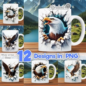 Puede incluir: Tazas de cerámica blanca con diseños de águilas. Las tazas presentan un efecto 3D de un águila rompiendo una pared agrietada. El texto "12 Designs in PNG" es visible. Las tazas son de 312 gramos.
