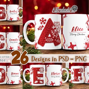 May include: White ceramic mugs with red Christmas designs. The mugs display letters, names, and festive graphics such as snowflakes and candy canes. The image shows multiple mug designs, ideal for holiday gifts.