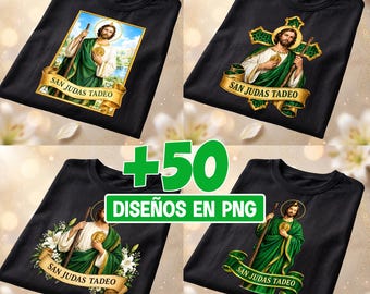 May include: Four black t-shirts featuring graphic prints of San Judas Tadeo. Each shirt displays the figure in green and white robes with a gold medallion, accompanied by a gold banner with the text SAN JUDAS TADEO. The image includes +50 DISEÑOS EN PNG.