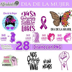 Puede incluir: Un conjunto de 28 diseños digitales en formato PNG para celebrar el Día Internacional de la Mujer. Los diseños presentan diversas ilustraciones, incluyendo una mujer con gafas de sol, una mariposa, un puño con un símbolo femenino y texto en español que dice "Día de la Mujer" y "Nos Queremos Vivas y Libres".