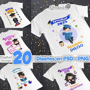 Op de afbeelding: Witte T-shirts met afstudeerontwerpen. Elk shirt heeft een cartoon-afgestudeerde, het jaar 2025 en gepersonaliseerde tekst. De ontwerpen bevatten kleurrijke graphics en tekst in het Spaans, met de woorden "Digital Design" en "20 Diseños en PSD - PNG".