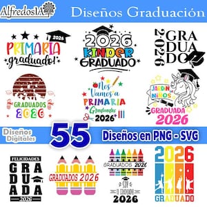 Puede incluir: Una colección de diseños digitales con temática de graduación en formatos PNG y SVG. Los diseños presentan textos y gráficos coloridos, incluyendo el año 2026, birretes y frases como "Kinder Graduado" y "Primaria Graduado!"