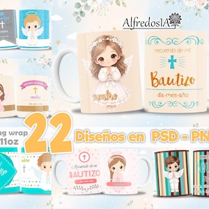 Puede incluir: Una colección de 22 diseños digitales para tazas en formatos PSD y PNG para bautizos. Los gráficos incluyen ilustraciones de ángeles, cruces y campos de texto personalizables para nombres y fechas en diversas paletas de colores y estilos.