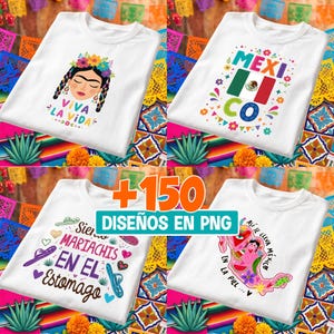 Pode incluir: Uma coleção de quatro camisetas brancas com designs gráficos coloridos. As estampas incluem um retrato com o texto Viva La Vida, a palavra Mexico com uma bandeira, o texto Siento Mariachis En El Estomago e um mapa com o texto Asi Se Lleva Mexico.