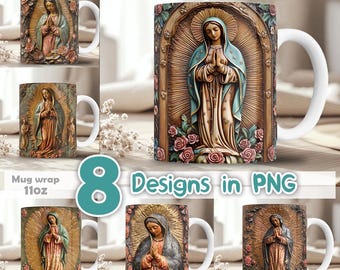 8 designs digital guadalupe 3d, 8 designs in PNG,sublimation wrap mugs,digital designs,religion,11oz,style templates,jesus,mexico,vintage