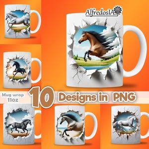 10 designs horses 3d,10 designs in PNG,sublimation wrap mugs,digital designs,cartoons,11oz,style templates,animal,horse,horse,wester