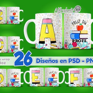 Op de afbeelding: Set van 26 kleurrijke ontwerpen voor mokwikkelingen met de letters A tot en met F, schoolbenodigdheden en de tekst "Feliz Dia Profe".