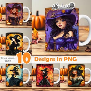 Puede incluir: Tazas de cerámica blanca con varios diseños de brujas, incluyendo ilustraciones de brujas con vestidos morados y negros, y sombreros de bruja. Las tazas tienen una capacidad de 312 ml y están decoradas con calabazas y murciélagos. El texto "10 Designs in PNG" también es visible.