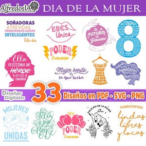 33 ontwerpen voor Vrouwendag, 33 ontwerpen in PDF- SVG - PNG, digitale ontwerpen, in het Spaans, vectoren, liefde, bloem, Vrouwendag, vrouwendag
