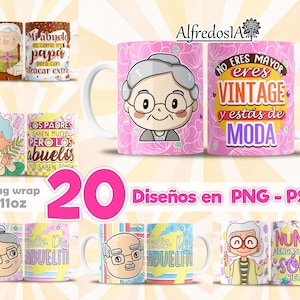 Puede incluir: Colección de tazas de cerámica de 11oz con varios diseños. Las tazas presentan ilustraciones de abuelos, con texto en español. Algunas tazas tienen fondos florales, y el texto incluye frases como "Vintage" y "Abuela".