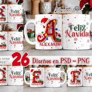 Puede incluir: Tazas de cerámica blanca con diseños navideños. Cada taza presenta una letra, un nombre y la frase "Feliz Navidad" en rojo y verde. Las tazas están decoradas con copos de nieve y estrellas. La imagen también incluye el texto "Mug wrap 11oz".