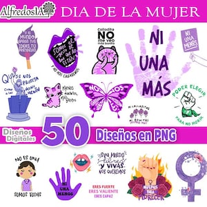 Puede incluir: Una colección de 50 diseños digitales para celebrar el Día Internacional de la Mujer. Los diseños presentan varias ilustraciones y texto en español, incluyendo una mariposa, una huella de mano, un puño y un símbolo de mujer. El texto incluye frases como "Ni una menos" y "Poder elegir".