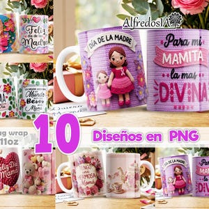 Puede incluir: Una colección de once tazas de cerámica de 325 ml, con varios diseños. Las tazas presentan motivos florales, de corazón y de muñecas, con textos en español como "Feliz Día de la Madre" y "Para mi Mamita la mas Divina".