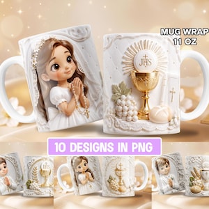 Puede incluir: Dos tazas blancas de 325 ml con diseños religiosos. Una muestra a una niña con vestido blanco y rosario, la otra un cáliz dorado, hostia con texto JHS, uvas y una biblia. Texto: MUG WRAP 11 OZ y 10 DESIGNS IN PNG.