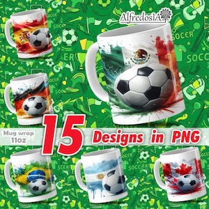 Puede incluir: Tazas de cerámica blanca con diseños de balones de fútbol y banderas de diferentes países. Las tazas están decoradas con las banderas de España, México, Brasil, Argentina y Canadá. La imagen también incluye el texto "15 Designs in PNG".