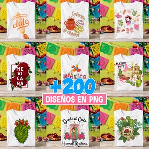 May include: A collection of nine white t-shirts featuring various colourful graphic designs including Mexican-themed illustrations, floral patterns, food items, and text such as Mexico City, Cafecito y chisme, and Desde el Cielo Una Hermosa Mañana.