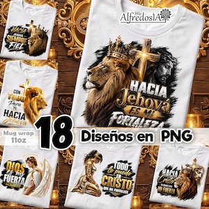 Peut inclure: Une collection de t-shirts blancs avec des impressions graphiques de lions, de croix, d'anges et de figures religieuses avec du texte espagnol incluant Hacia Jehová es mi fortaleza, Todo lo puedo en Cristo et Hacia Cristo es donde está mi fuerza.