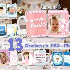 Puede incluir: Una colección de 13 diseños de envolturas para tazas de bautizo, con paletas de colores rosa y azul, detalles florales, bordes de encaje e ilustraciones de ángeles. Los diseños incluyen espacios para fotos y texto como Recuerdo mi Bautizo.