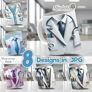 Puede incluir: Tazas de cerámica blancas con diseños de batas de médico, incluyendo estetoscopios, corbatas y bolsillos para bolígrafos. Las tazas muestran varios colores, incluyendo azul, rosa y gris. El texto "8 Designs in JPG" es visible. Cada taza es un envoltorio de 312 gramos.