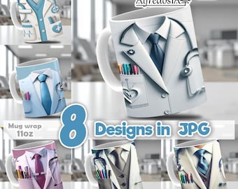 May include: White ceramic mugs featuring doctor's coat designs with stethoscopes, ties, and pen pockets. The mugs display various colors, including blue, pink, and gray. The text "8 Designs in JPG" is visible. Each mug is an 11oz wrap.