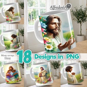 Puede incluir: Tazas de cerámica blanca con varias ilustraciones religiosas. Las tazas presentan imágenes de Jesucristo en diferentes poses, rodeado de flores y paisajes. También se ve el texto "18 Designs in PNG".