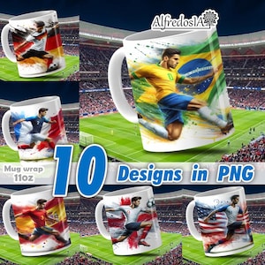 Puede incluir: Tazas de cerámica blanca con diseños de jugadores de fútbol. Cada taza presenta una bandera nacional diferente y una ilustración de jugador. La imagen incluye el texto "10 Designs in PNG" y "Mug wrap 11oz".
