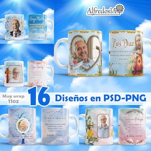 Puede incluir: 16 diseños para envolturas de taza de 11oz con varios temas florales y religiosos. Los diseños incluyen un corazón con una paloma, una cruz con una paloma, un árbol con una paloma y una imagen religiosa con una paloma. El texto en las tazas incluye nombres, fechas y citas.