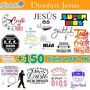 May include: A colorful digital design set featuring religious quotes and phrases in Spanish. The designs include phrases like "Jesus is the way", "Gratitude", "I can do all things through Christ", and "Jesus is my instructor".