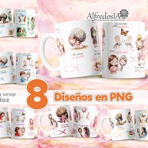 Puede incluir: Tazas de cerámica blanca con varias ilustraciones y texto, incluyendo imágenes de personas, mariposas y símbolos religiosos. Las tazas presentan frases como "Me dices sé fuerte" y "Ya no hay más cadenas". La imagen también incluye el texto "Mug wrap 11oz" y "8 Diseños en PNG".