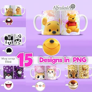 15 designs digital cartoon, 15 designs in PNG, sublimation wrap mugs,digital designs,classic cartoons,11oz, style templates,vintage