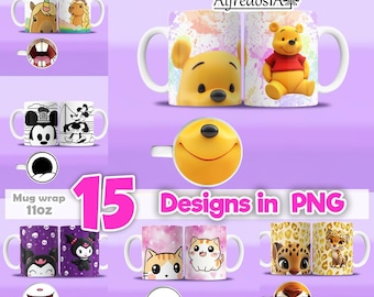 15 designs digital cartoon, 15 designs in PNG, sublimation wrap mugs,digital designs,classic cartoons,11oz, style templates,vintage