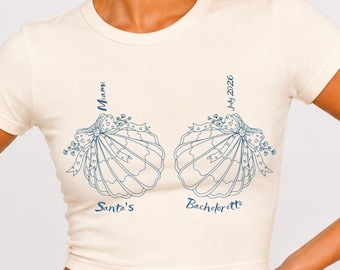 Camiseta de bebé personalizada para despedida de soltera en la playa, camiseta de despedida de soltera con conchas marinas, despedida de soltera Last Splash, top corto de despedida de soltera costero, camiseta de despedida de soltera con sirenas