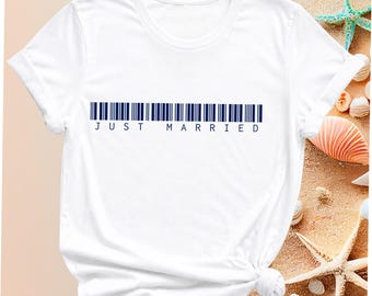 Custom Barcode Just Married Shirt, Personalized Honeymoon T Shirt, Newlywed Couple Tee, Wedding Gift for Bride Groom, Beach Vacation Shirt