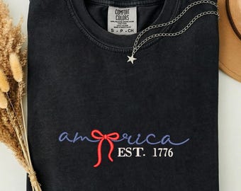 Camiseta bordada America Est 1776, sudadera con lazo patriótico, camiseta bordada Coquette USA, camiseta del 4 de julio, American Comfort Colors®