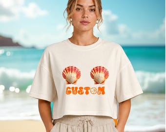 Camiseta de bebé estilo raglán con estampado de conchas marinas, top corto playero divertido, camiseta con sujetador de conchas, camiseta de despedida de soltera playera, linda camiseta corta de verano, Comfort Colors®