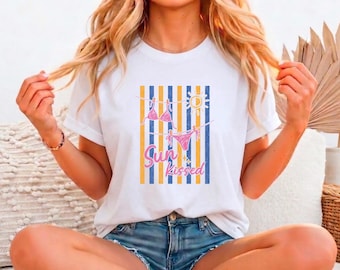 Sun Kissed Shirt Women Beach Summer Tee Retro Stripe Bikini Graphic Vacation Shirt Sun Shirt Womens Summer Gift