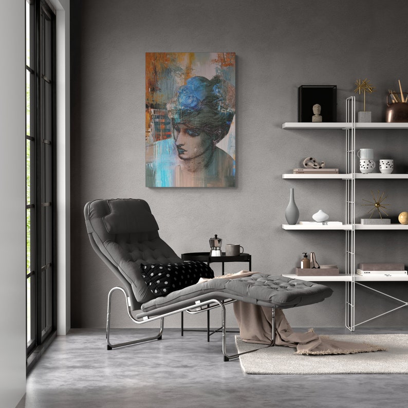 Abstracte portretdoek, modern muurdecoratie, 'Mood' afbeelding 3