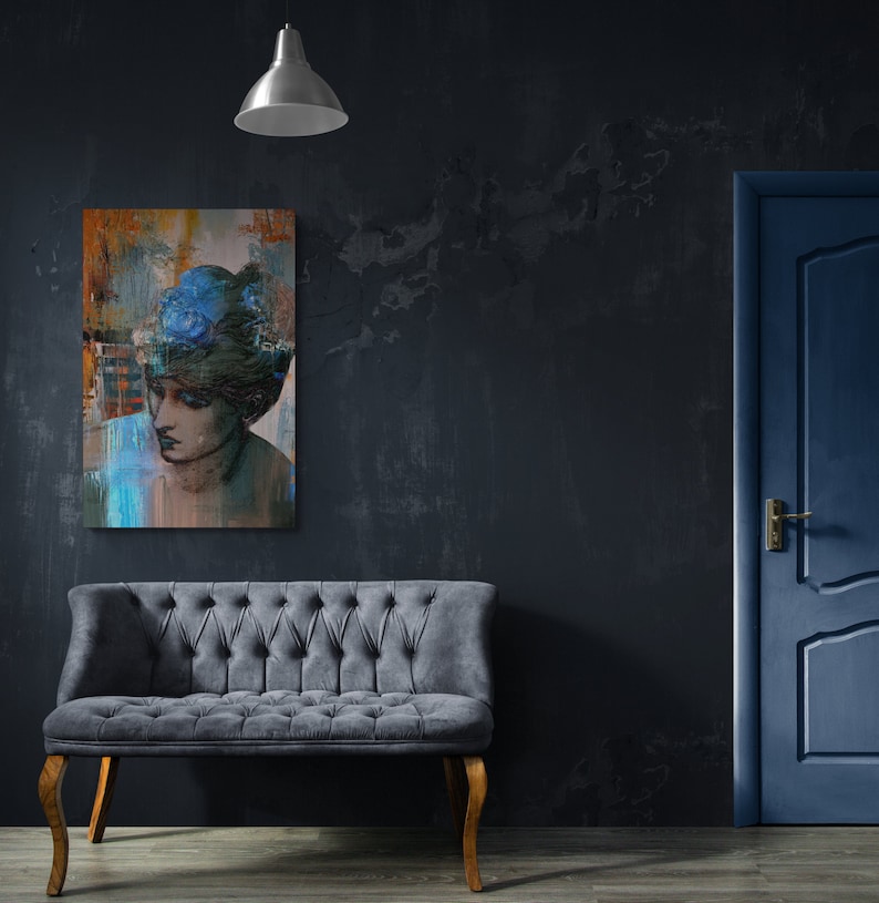 Abstracte portretdoek, modern muurdecoratie, 'Mood' afbeelding 4