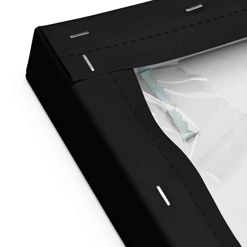 Op de afbeelding: Close-up van een zwart canvas frame met een wit canvas dat erin is gespannen. Het frame is vastgezet met nietjes en een metalen ophanghaak is zichtbaar.