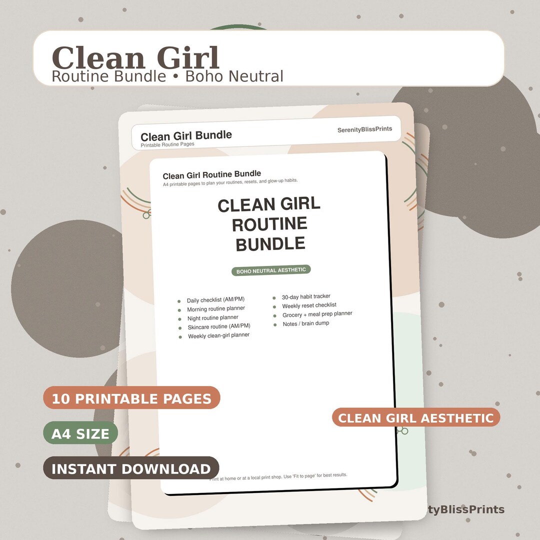 Clean Girl Routine Bundle Printable | Boho Neutral A4 Planner | Daily ...