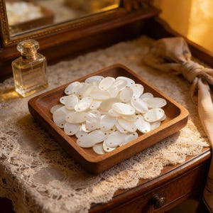 Può includere: Un vassoio di legno pieno di numerose perline ovali di conchiglia bianco sporco. Ogni perla ha due piccoli fori. Il vassoio è appoggiato su una superficie ricoperta di pizzo, con una bottiglia di profumo e uno specchio sullo sfondo.