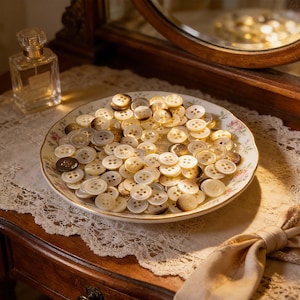 May include: A collection of vintage buttons in various shades of cream and brown, displayed in a decorative floral-patterned plate. The buttons have four holes and are made of a glossy material. A perfume bottle is in the background.