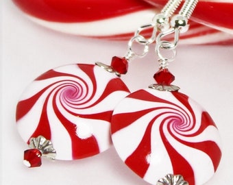 Handmade Earrings ~ Christmas Jewelry ~ Peppermint Candy Cane Swirl