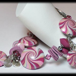 Plum Sparkle... Handmade Jewelry Bracelet Beaded Cha Cha Polymer Clay Crystal Swirl Spiral Silver Mauve Amethyst Pink Purple Smoke Gray image 1