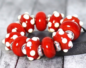 Handmade Lampwork Beads ~ Strand of Eleven ~ Red and Ivory ~ Polka Dots