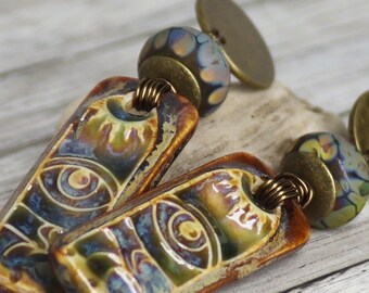 Handmade Post Earrings ~  Lampwork and Ceramic ~ Hamsa Eye