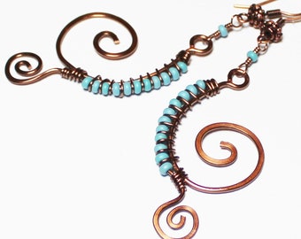 Swirling Waves...Handmade Jewelry Earrings Beaded Lightweight Antique Copper Glass Aqua Teal Hammered Wire Wrapped Wirework Swirl Spiral