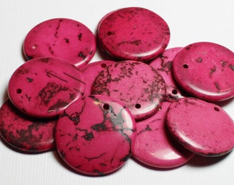 Jewelry Supplies... 12 Pieces Gemstone Dyed Magnesite Marbled Matrix Fuchsia Hot Pink Black 28mm Beading Beads Bead Craft Round Disk Destash