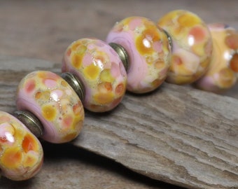 Handmade Lampwork Beads ~ Strand of Six ~ Peach and Rose