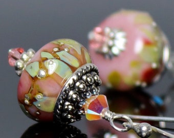 Handmade Earrings ~ Lampwork and Silver ~ Pink and Sage